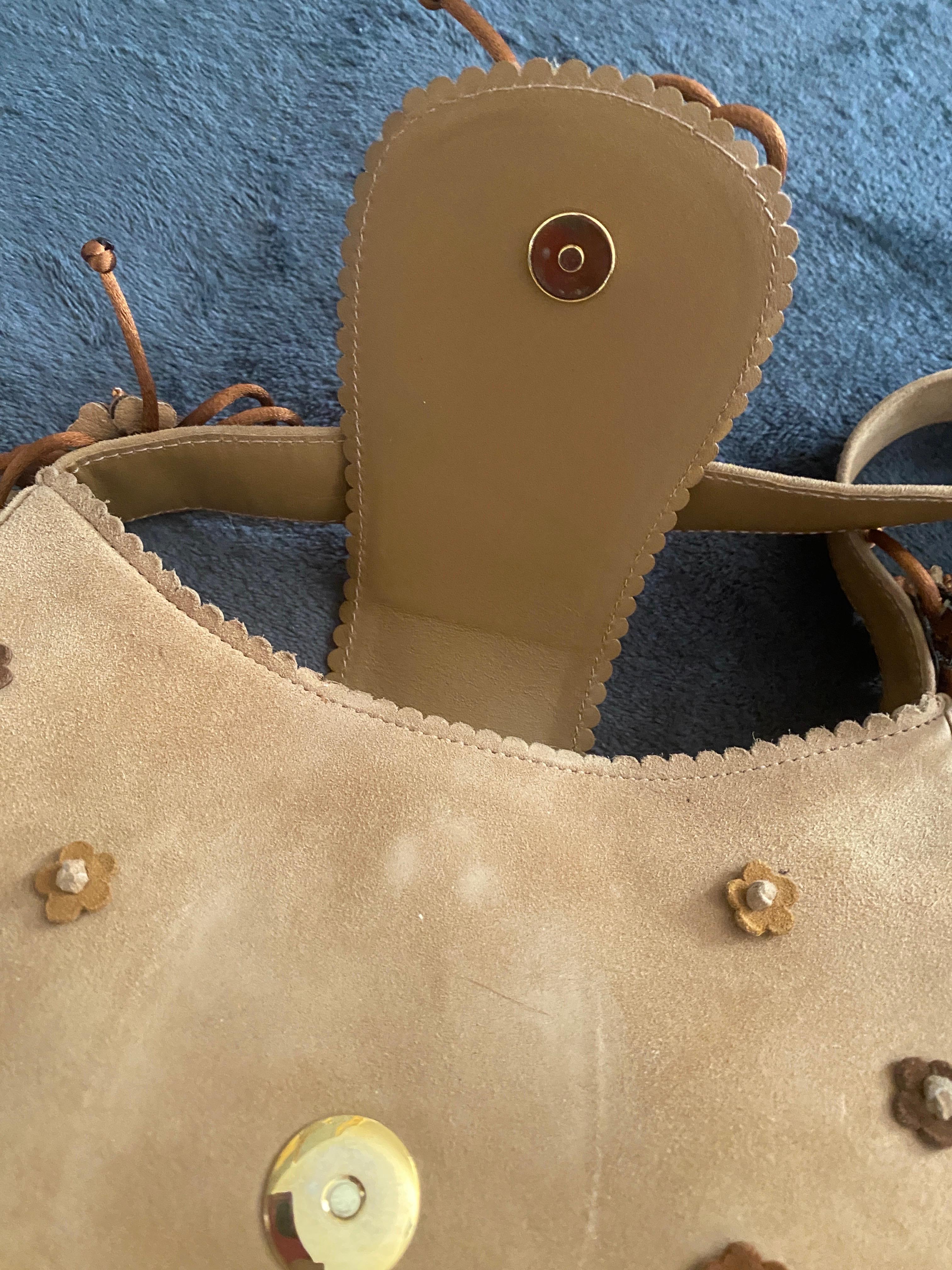 Stuart Weitzman Vintage Brown Suede Handbag with Floral Decoration NWOT For Sale 5