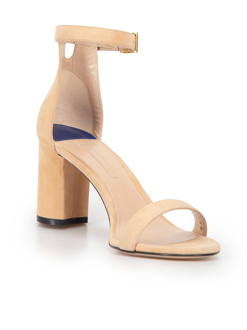 CONDITION is Very good. Hardly any visible wear to sandals is evident on this used Stuart Weitzman designer resale item. 
 
 Details
  Beige
 Suede
 Sandals
 Open toe
 High block heel
 Ankle strap buckle closure
 
 
 Made in Spain
 
 Composition
