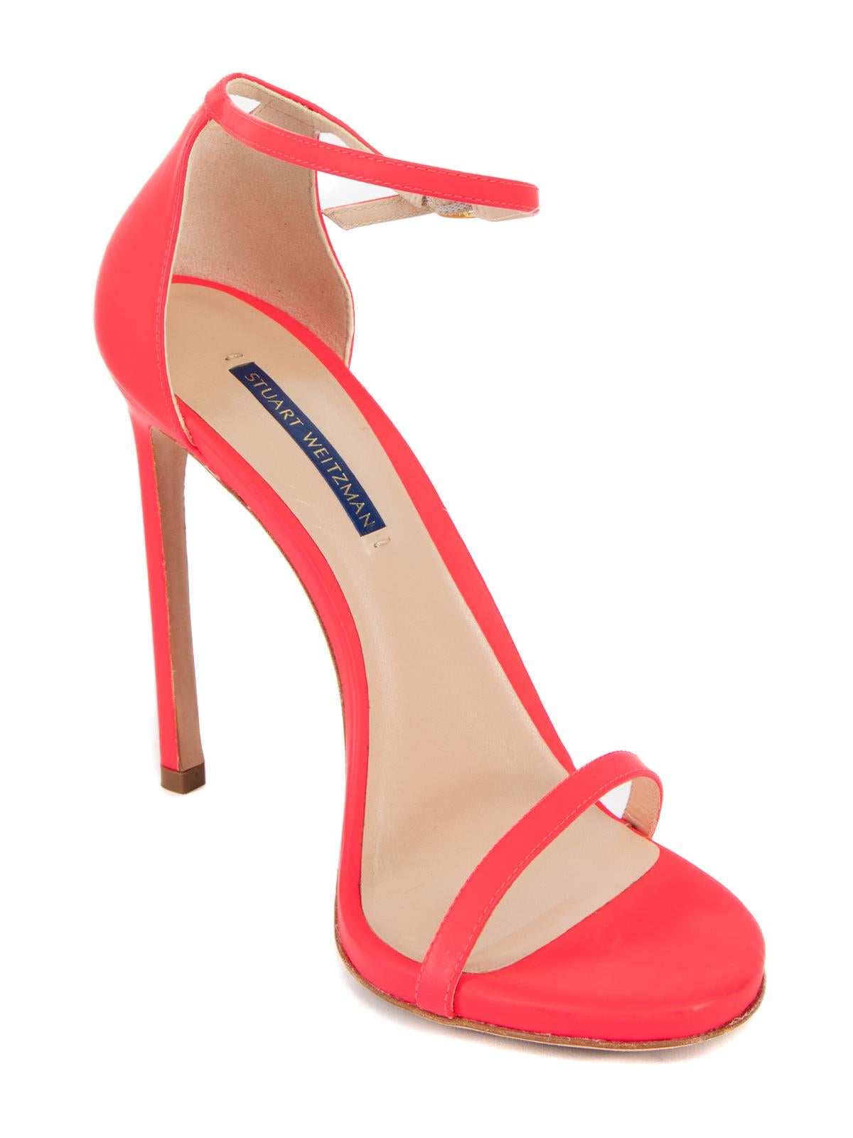 CONDITION is Very good. Minimal wear to heels is evident. Minimal wear to the outsole on this used Stuart Weitzman designer resale item. This is item comes with the original shoe box  Details  Neon pink Matt leather Heeled sandals Open almond toe