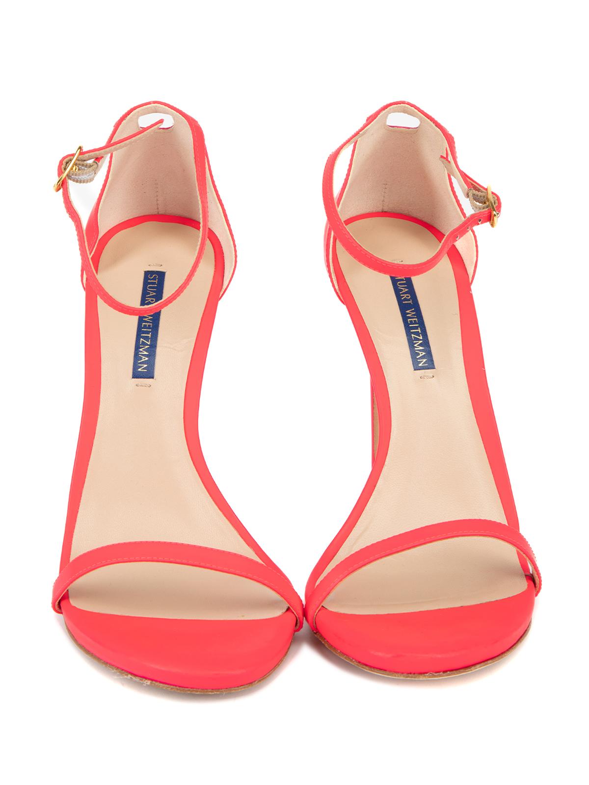 Stuart Weitzman Women's Neon Pink Barely There Ankle Strap Heels In Excellent Condition For Sale In London, GB