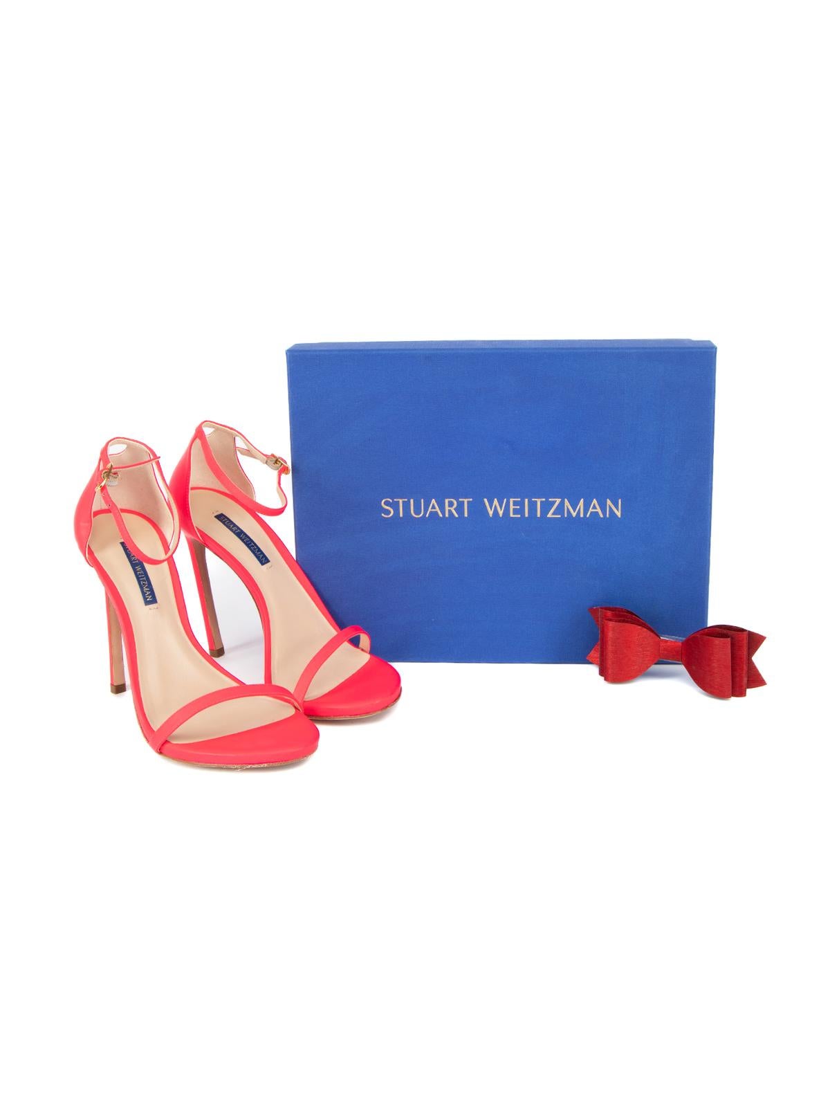 Stuart Weitzman Women's Neon Pink Barely There Ankle Strap Heels For Sale 4