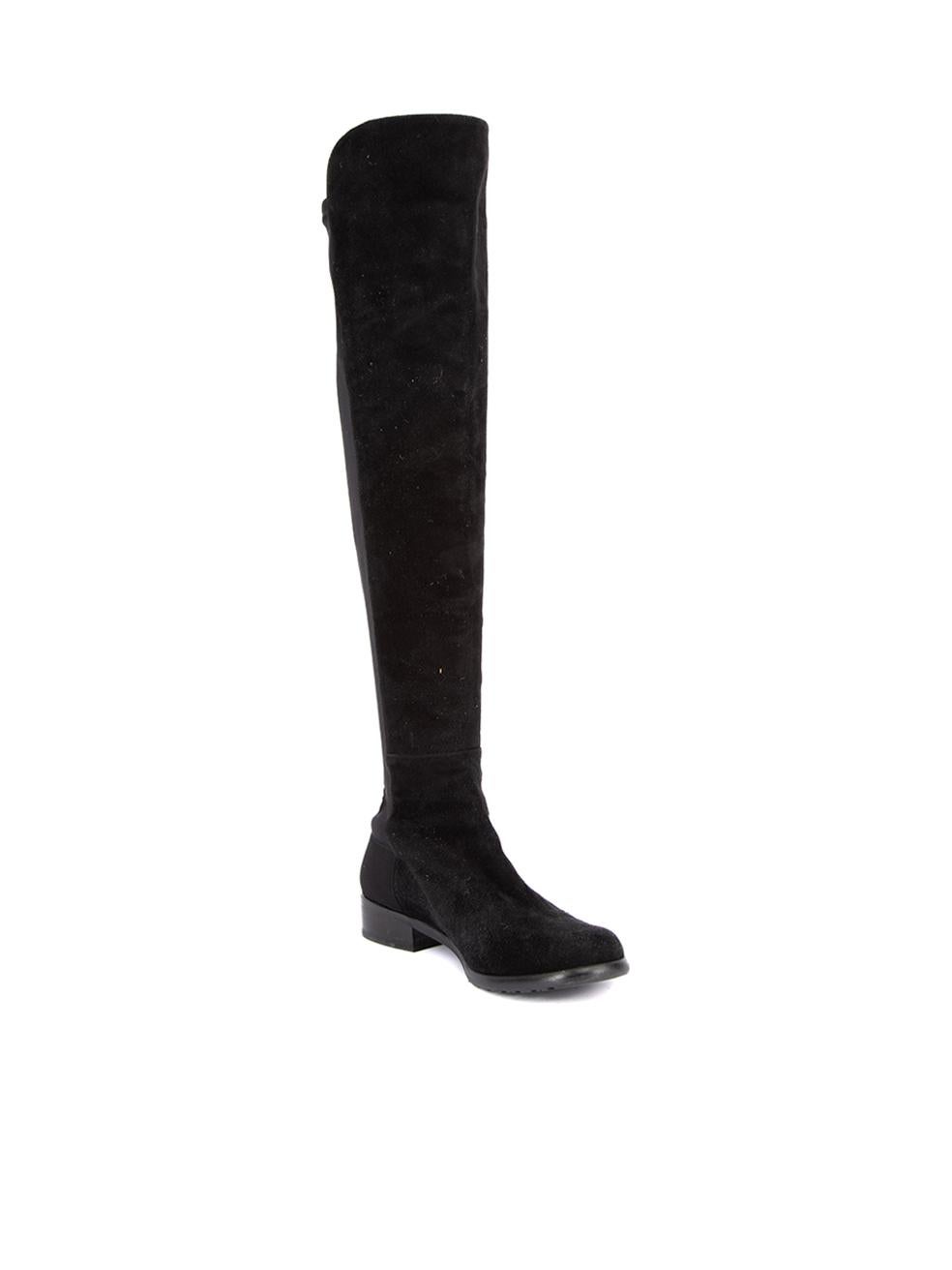 CONDITION is Very good. Minimal wear to boots is evident. Minimal wear and scuffs to the suede exterior on this used Stuart Weitzman x Russell Bromley designer resale item.   Details  Black Suede Over the knee boots Round toe Low black heel