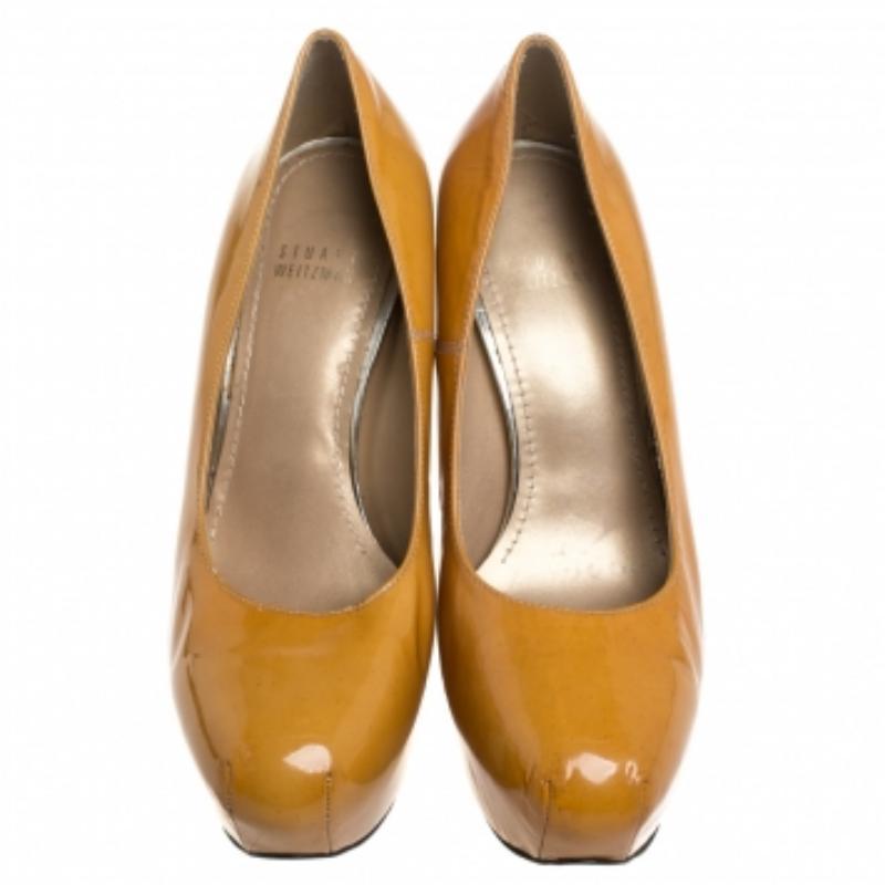 Stuart Weitzman Yellow Patent Leather Platform Pumps Size 37.5 For Sale 3