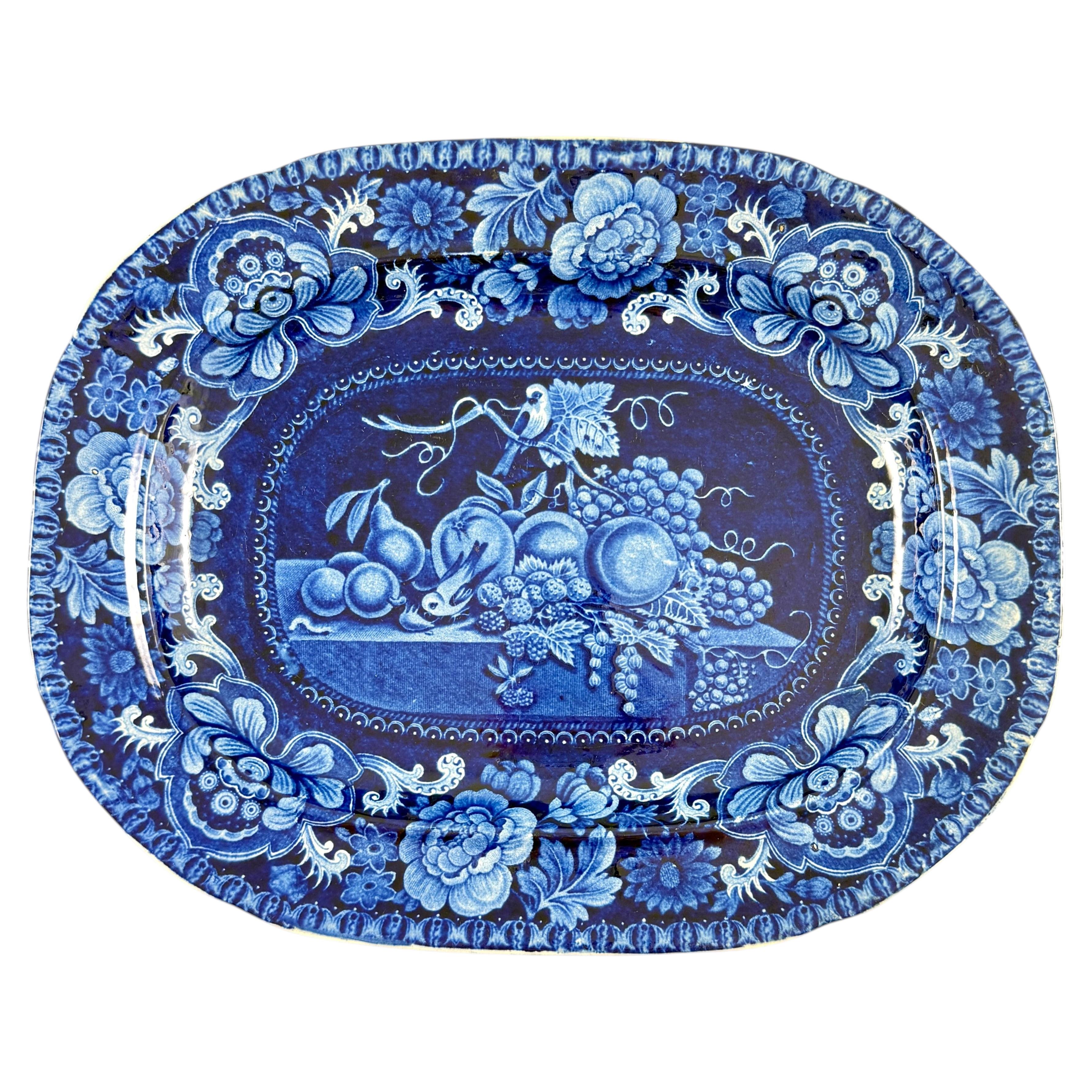 Stubbs & Kent Georgian Cobalt Transferware Birds and Fruits Platter circa 1830 For Sale