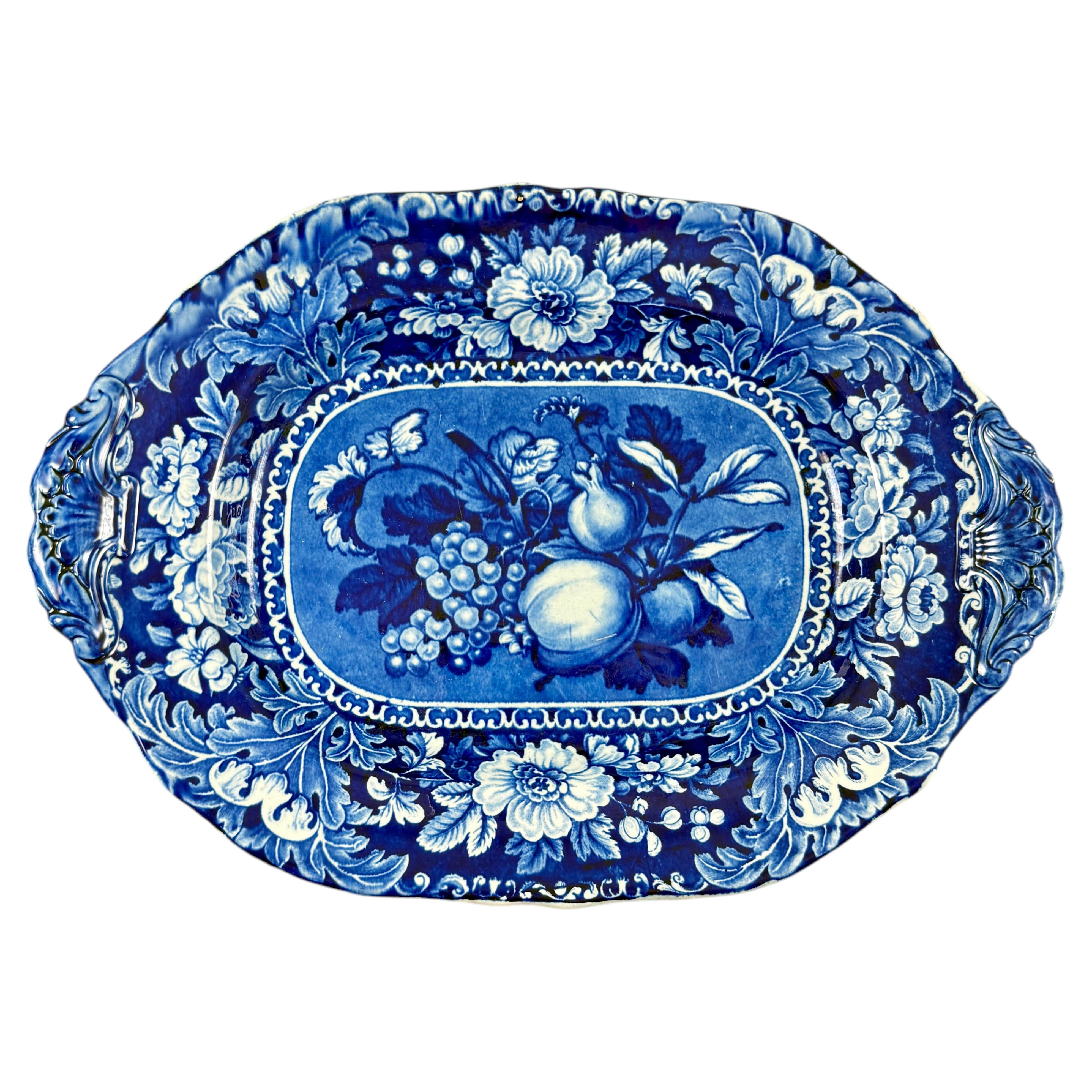 Stubbs & Kent Georgian Cobalt Transferware Fruits and Flowers Platter, circa For Sale