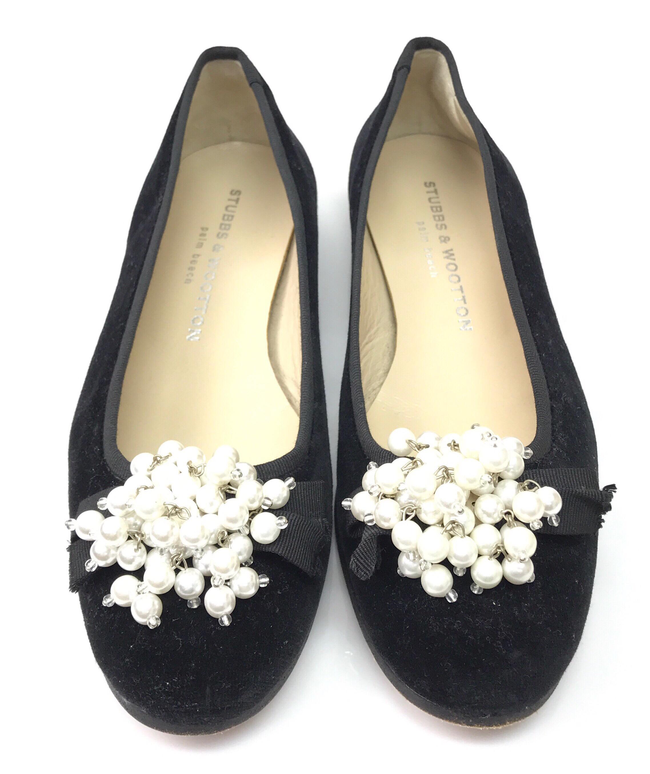 Stubbs & Wooton Black Velvet Ballerina flats w/ pearl cluster-7. These adorable Stubbs & Wootton flats are in great condition. They show minimal sign of use, with exception to the bottom of the shoe. The shoe is made of black velvet and has a ribbon