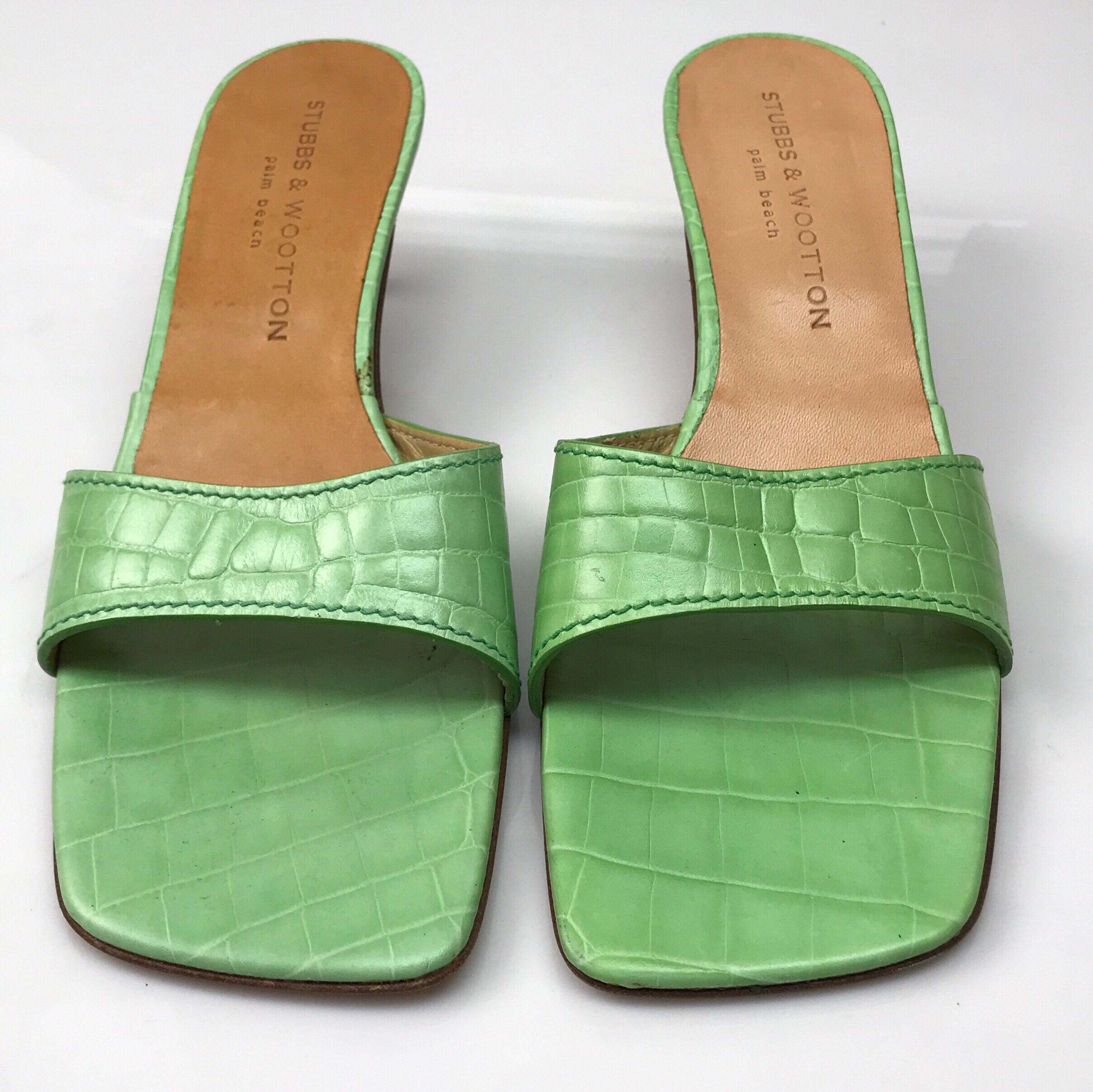 Stubbs & Wooton GREEN Faux Alligators Shoes-9.5. The adorable Stubbs & Wootton short heels are in good condition. They show some wear with small stains and the rubber heel protector missing, shown in picture. They are a green color with a faux