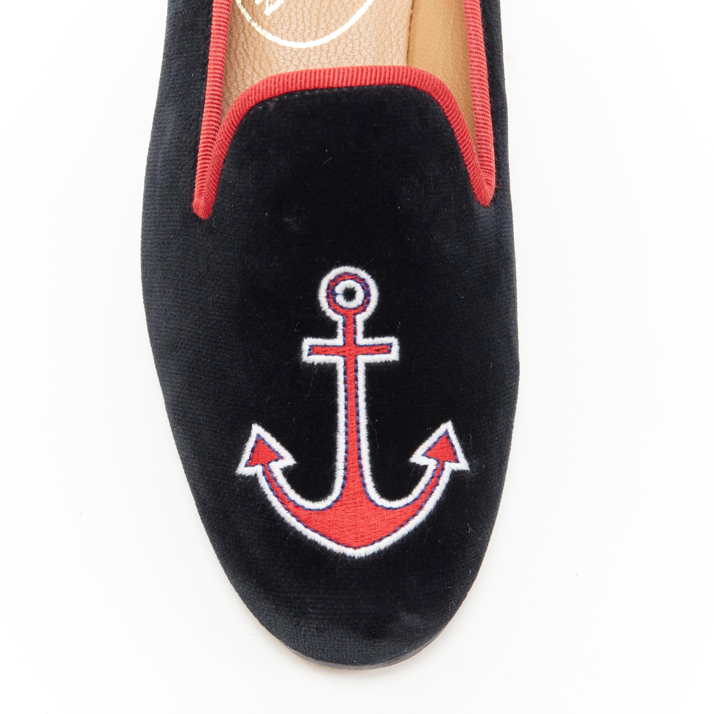 Women's STUBBS WOOTTON black velvet red sailor embroidery almond toe slip on loafer UK7