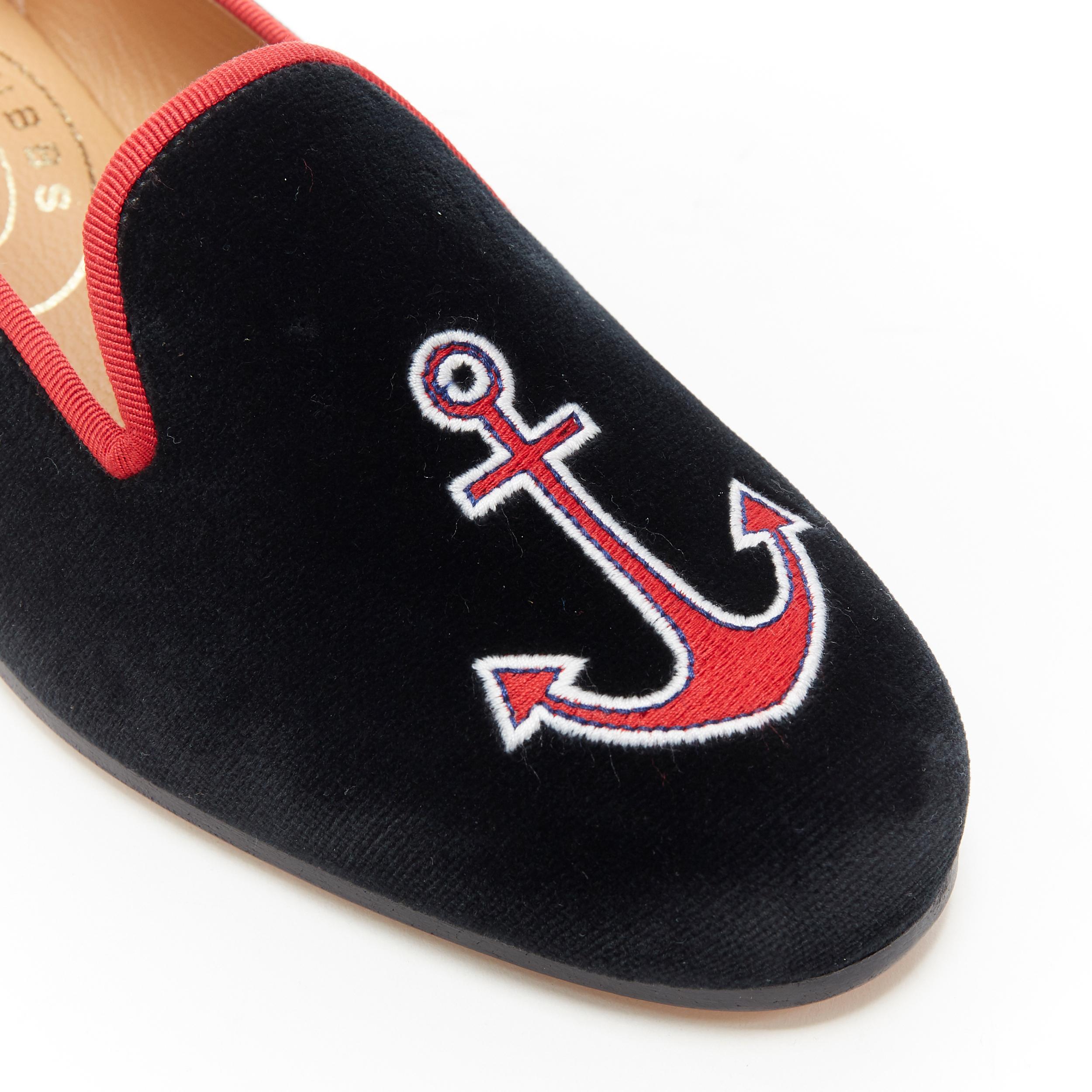 STUBBS WOOTTON black velvet red sailor embroidery almond toe slip on loafer UK7 1