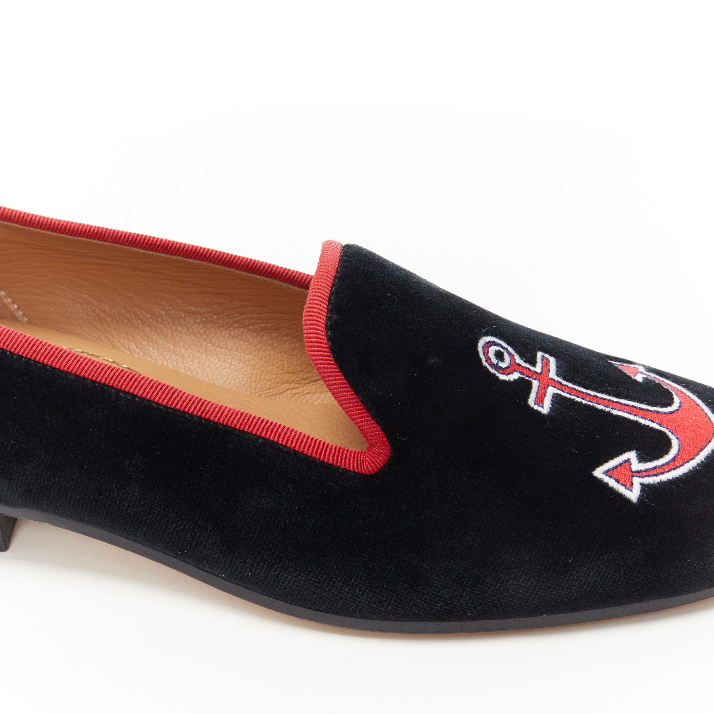 STUBBS WOOTTON black velvet red sailor embroidery almond toe slip on loafer UK7 2