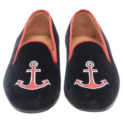 STUBBS WOOTTON black velvet red sailor embroidery almond toe slip on loafer UK7