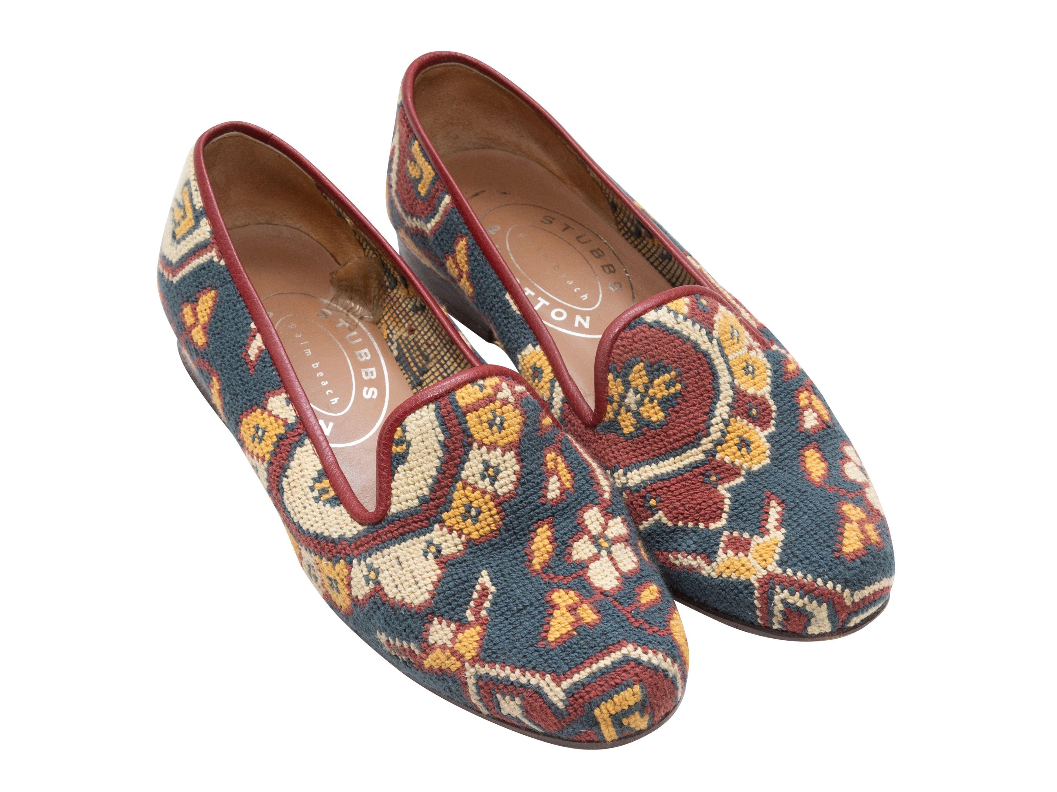 Stubbs & Wootton Dark Blue & Multicolor Needlepoint Loafers In Good Condition In New York, NY