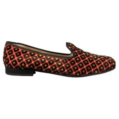 STUBBS & WOOTTON Size 10 Black Red Velvet Textured Loafer Flats