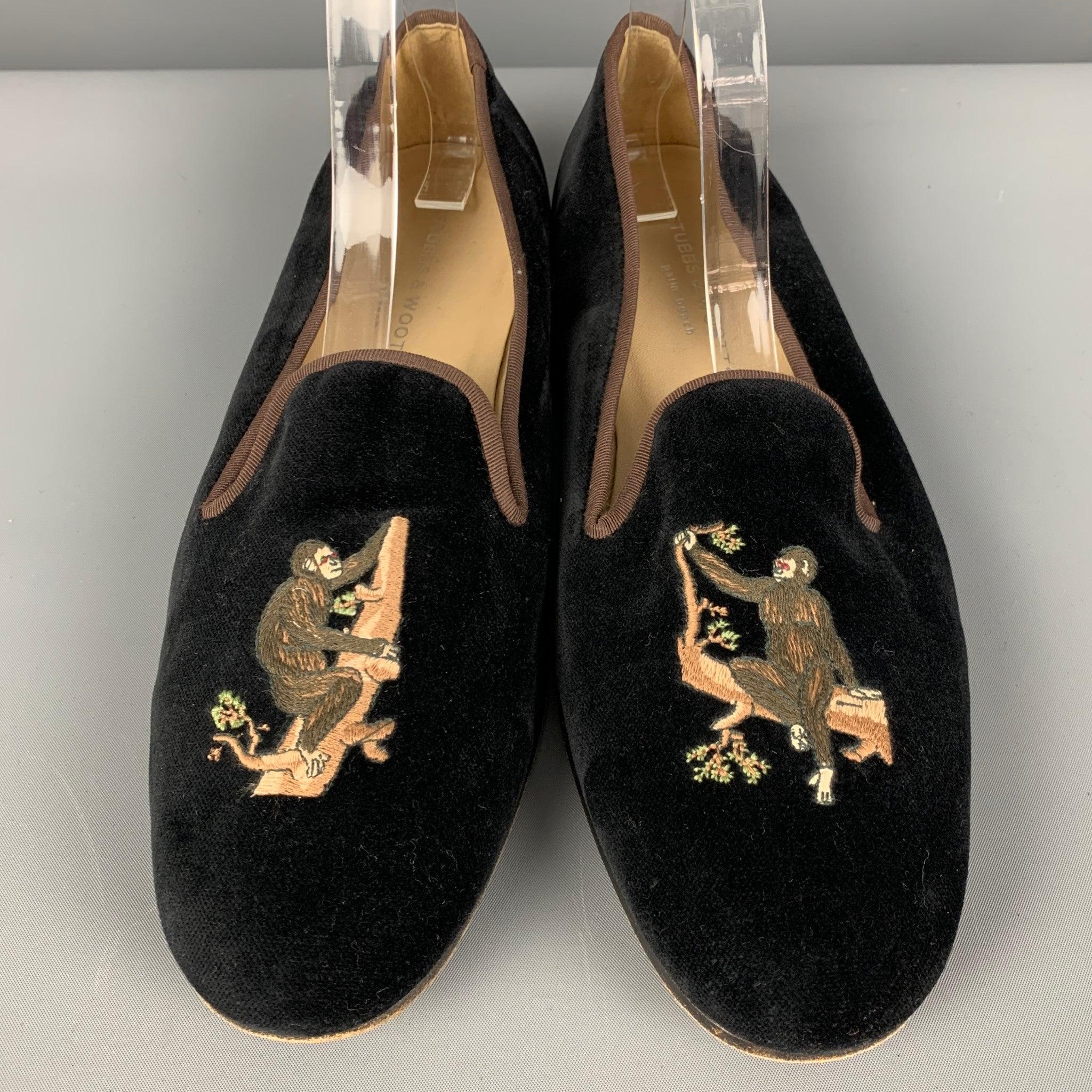 Men's STUBBS & WOOTTON Size 10.5 Black Brown Embroidery Velvet Slip On Loafers For Sale