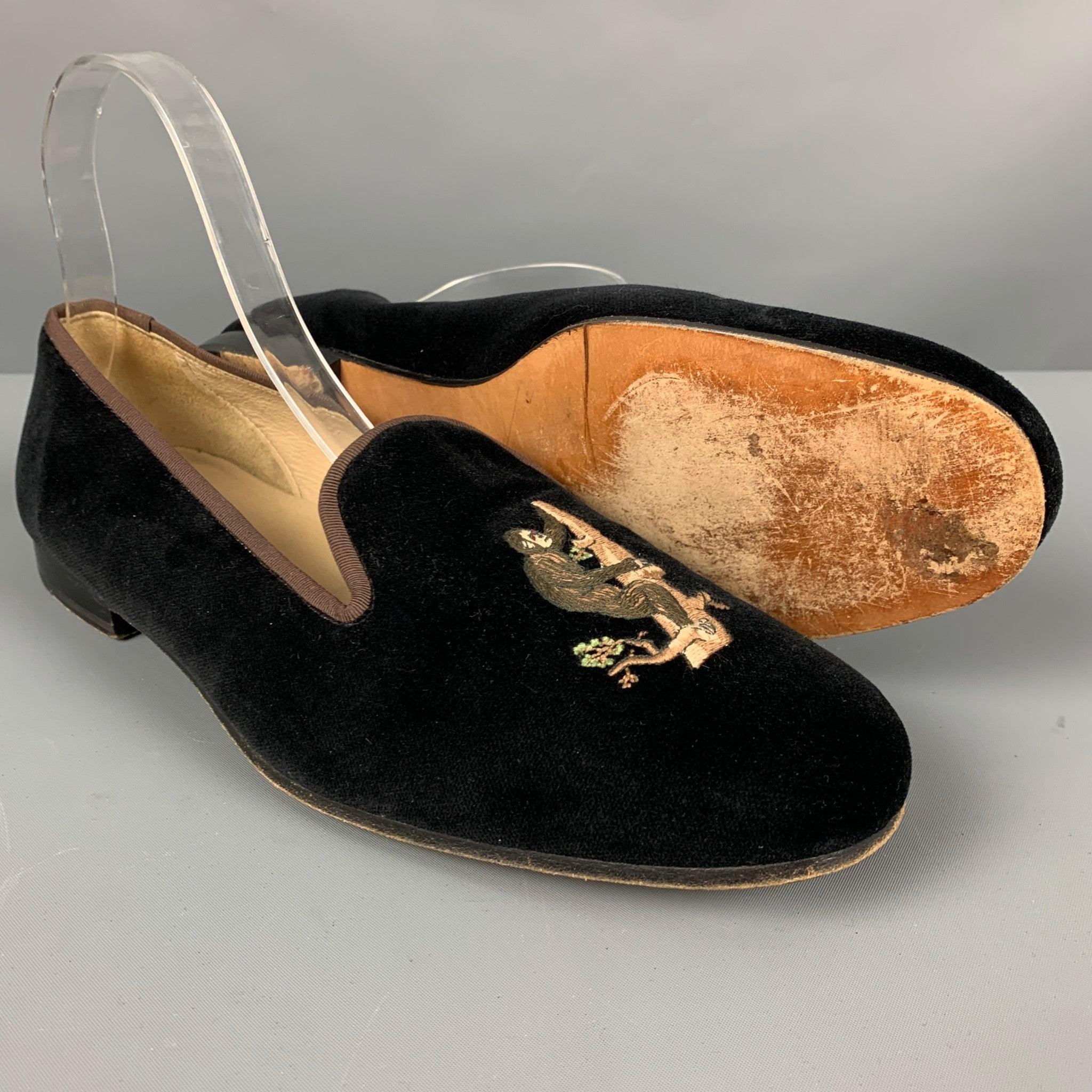 STUBBS & WOOTTON Size 10.5 Black Brown Embroidery Velvet Slip On Loafers For Sale 1