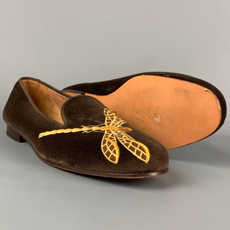 STUBBS and WOOTTON Size 10.5 Brown Dragonfly Embroidery Velvet Slip On  Loafers at 1stDibs