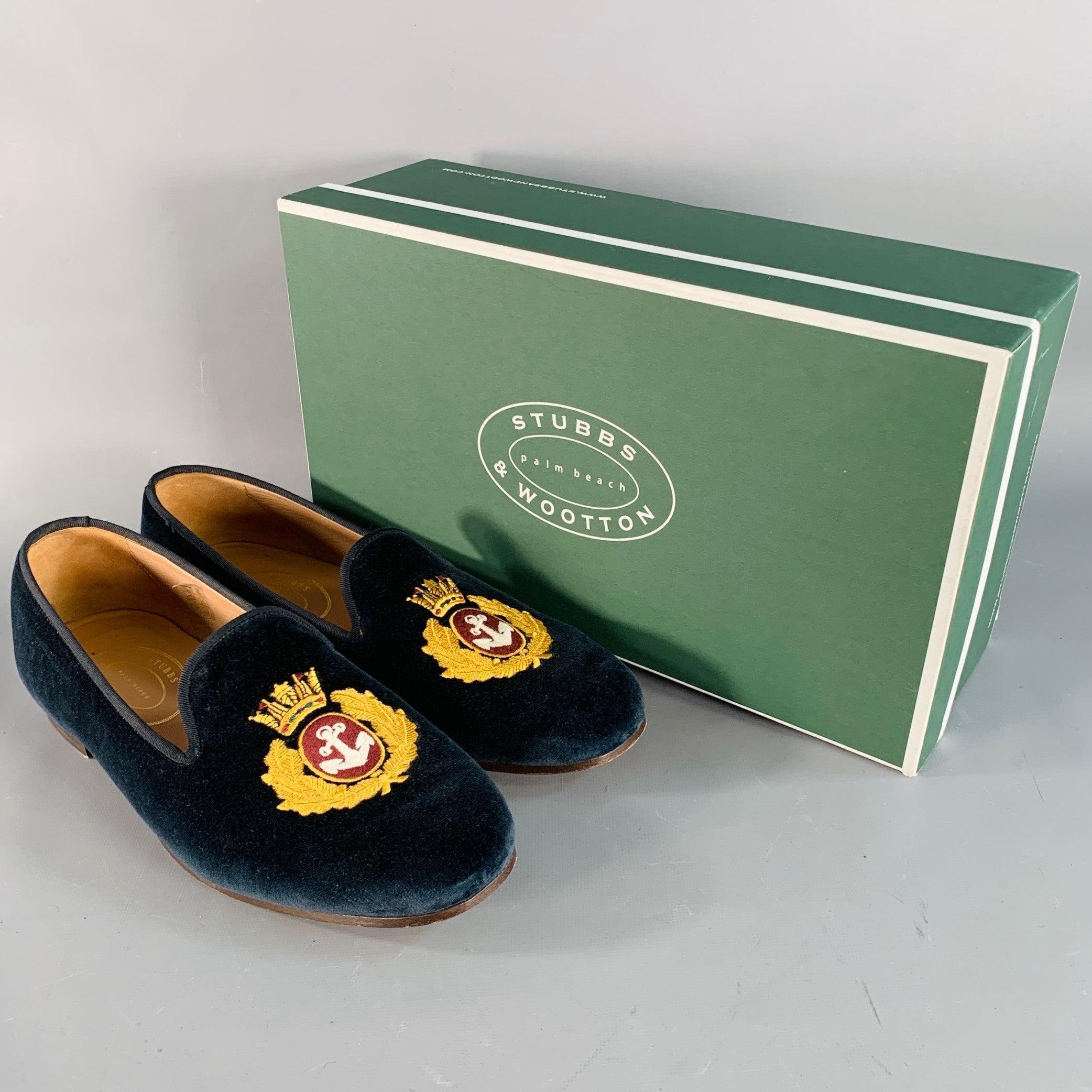 STUBBS & WOOTTON Größe 10.5 Royal Anchor Navy Gold Stickerei Samt Loafers im Angebot 5