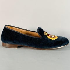 STUBBS & WOOTTON Size 10.5 Royal Anchor Navy Gold Embroidery Velvet Loafers