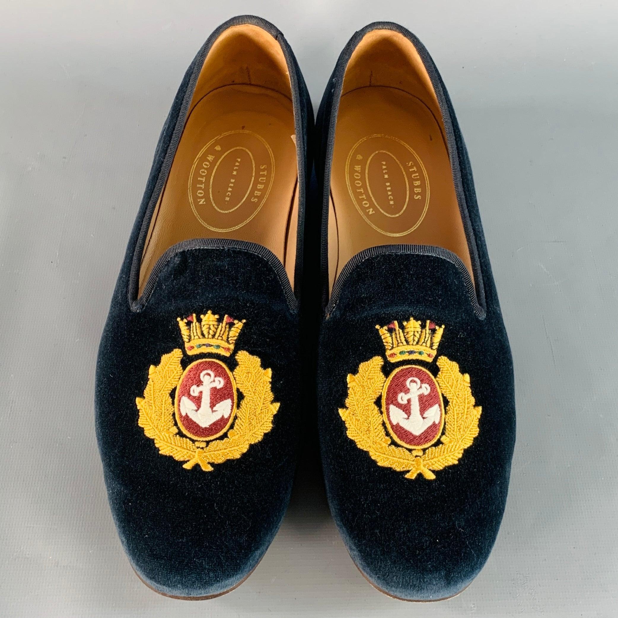 STUBBS & WOOTTON Größe 10.5 Royal Anchor Navy Gold Stickerei Samt Loafers im Zustand „Gut“ im Angebot in San Francisco, CA