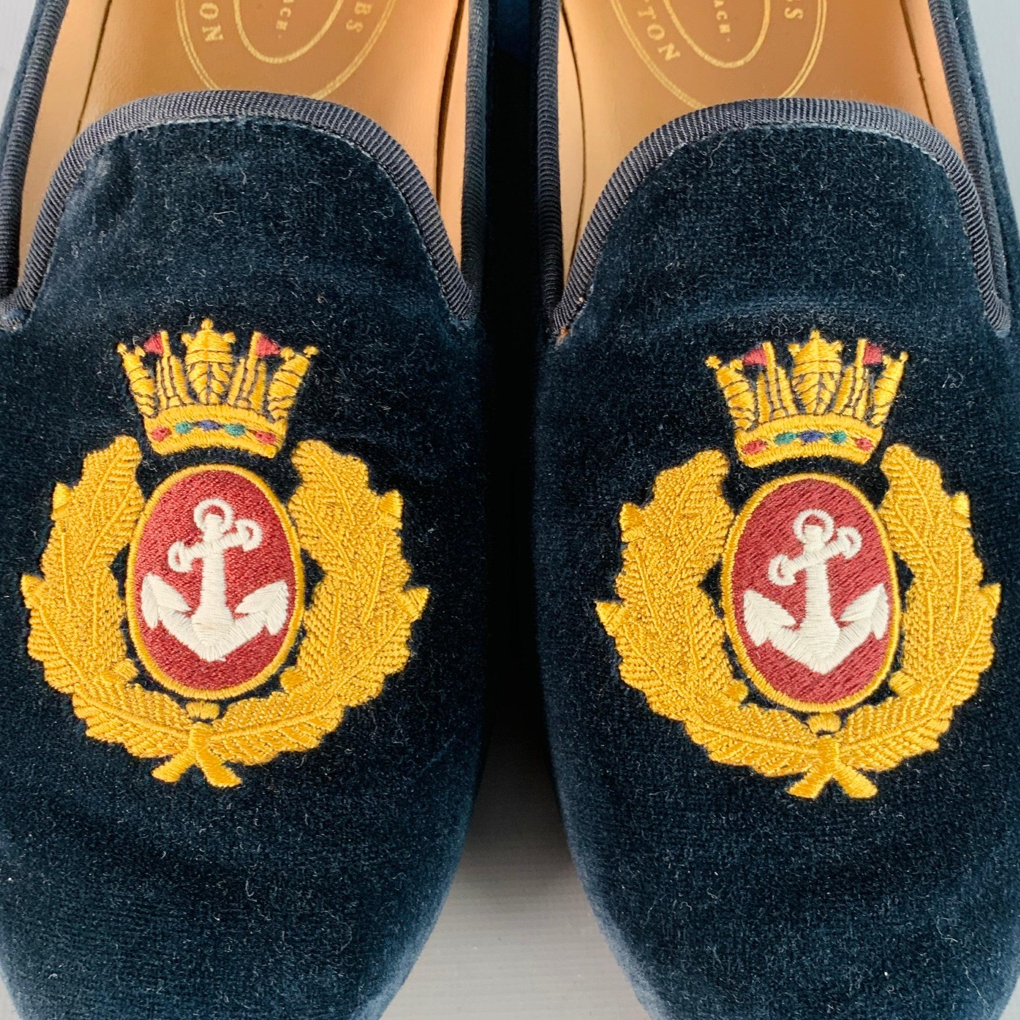 STUBBS & WOOTTON Größe 10.5 Royal Anchor Navy Gold Stickerei Samt Loafers Herren im Angebot