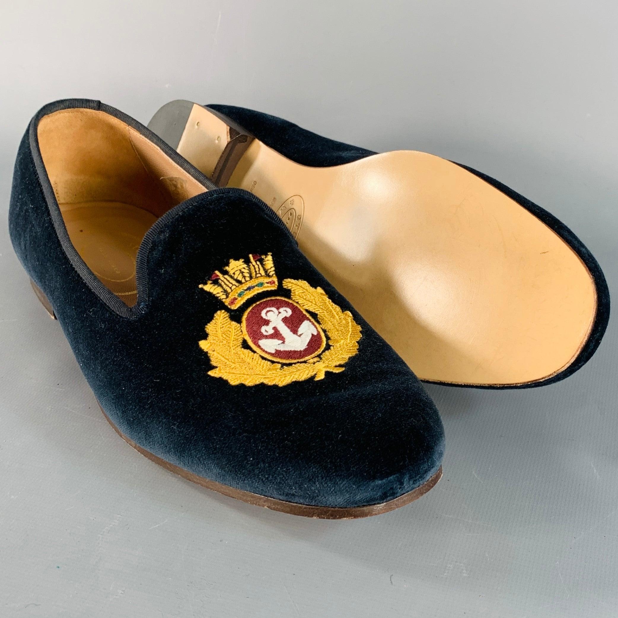 STUBBS & WOOTTON Größe 10.5 Royal Anchor Navy Gold Stickerei Samt Loafers im Angebot 1