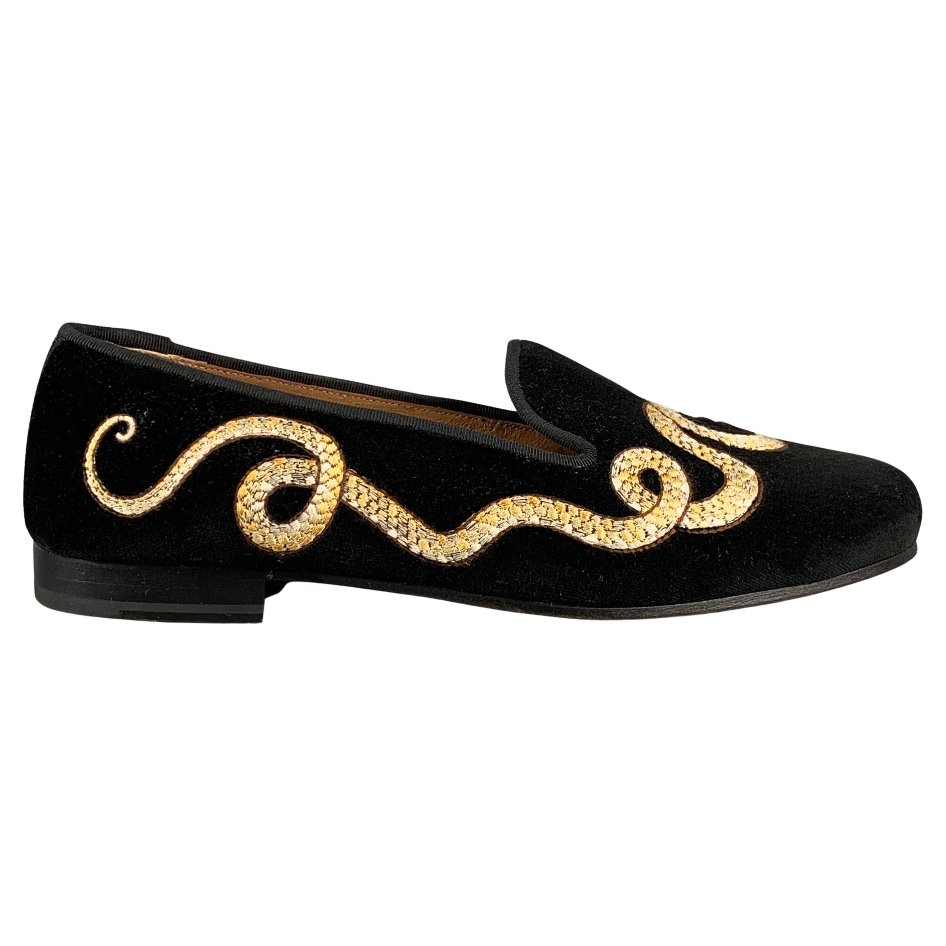 STUBBS & WOOTTON Size 9 Black Velvet Embroidered Slip On Flats