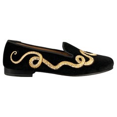 STUBBS & WOOTTON Size 9 Black Velvet Embroidered Slip On Flats