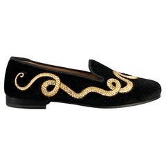 Used STUBBS & WOOTTON Size 9 Black Velvet Embroidered Slip On Flats