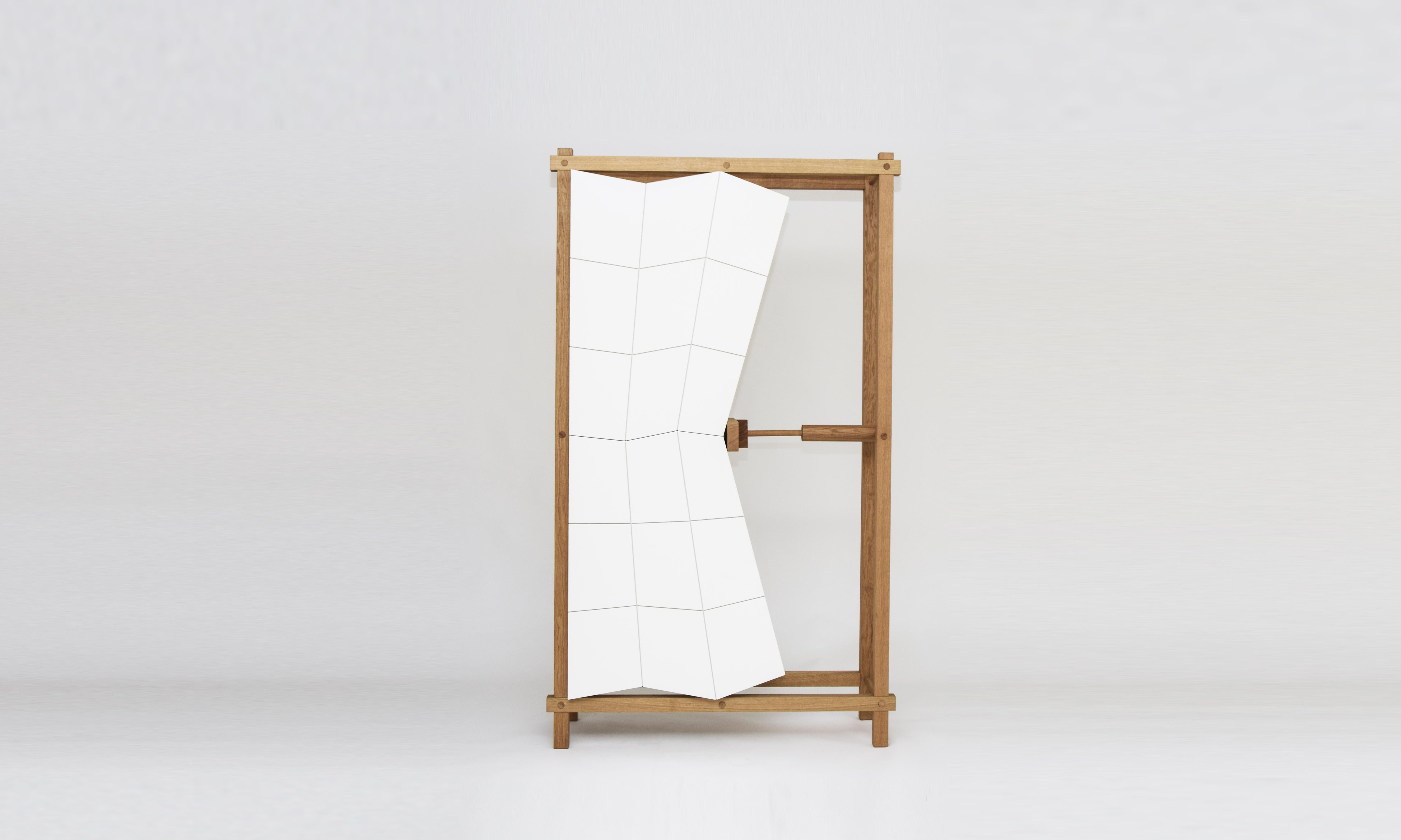 Stuck cabinet C1 by Studio Pin
Dimensions: W 120 x D 44 x H 205 cm
Materials: solid oak / MDF matt white finish.
Weight: 60 kg

“Stuck” by Studio Pin is a collection that goes against the grain in which form follows function. A stereotypical