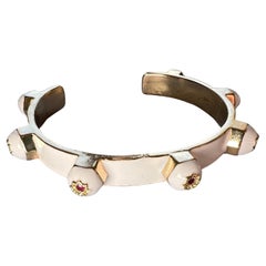 White Enamel Stud Cuff Bracelet Rubies Eight-Pointed Stars