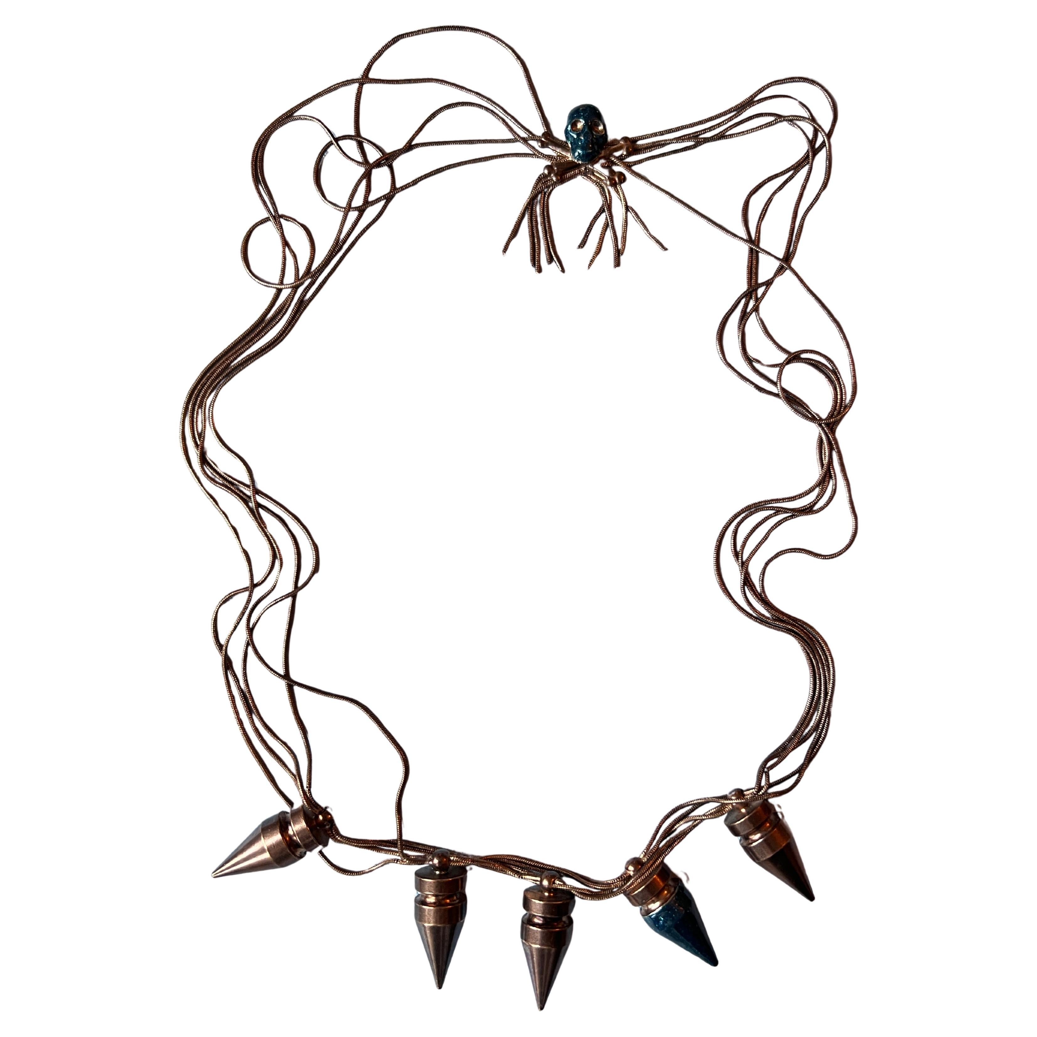 Stud Skull Chain Necklace Blue Enamel Rose Gold