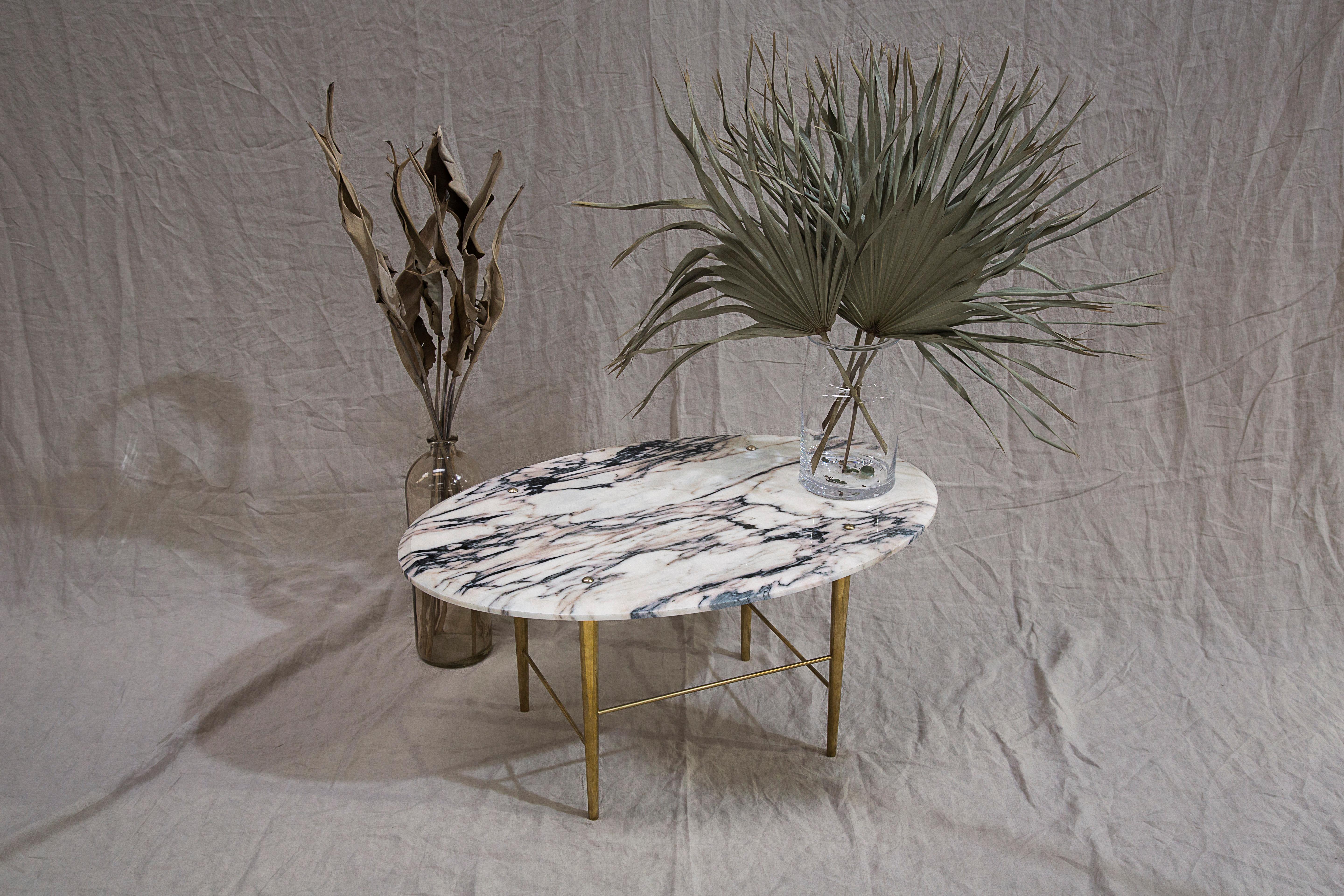 Stud Coffee Table in Vulcanatta Marble and Polished Brass — Small For Sale 3
