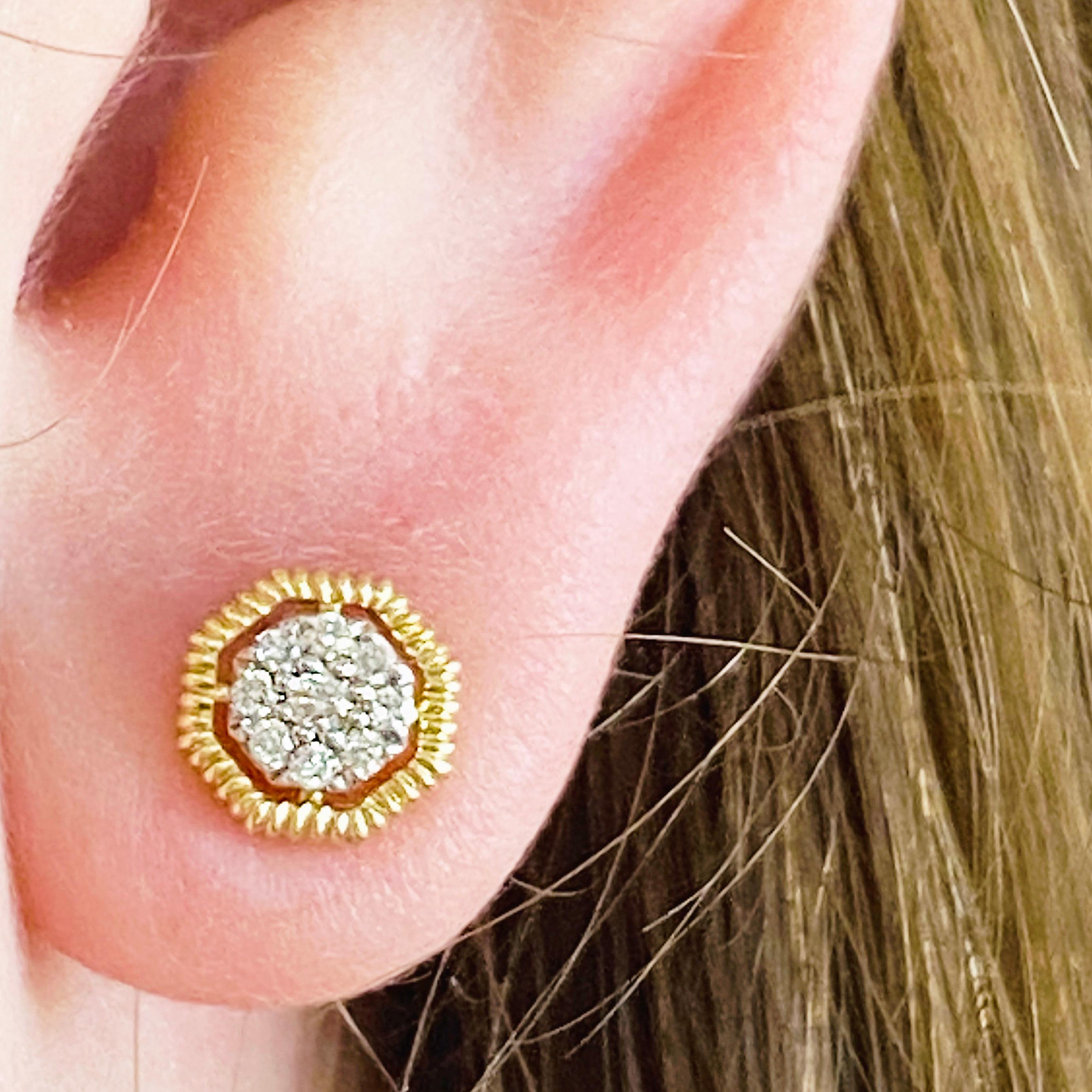 These Gabriel & Co. designer earrings are stunning 14k yellow gold octagonal pave diamond stud earrings that provide a look that is both trendy and classic. These diamond earrings are a great staple to add to your collection, and can be worn with