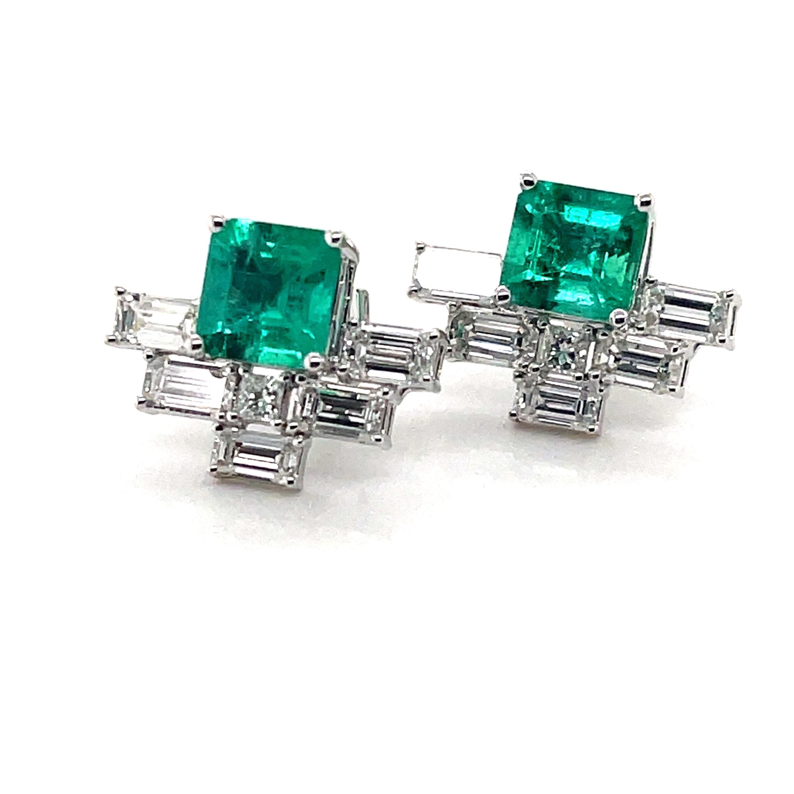 Square Cut GIA 18 Karat White Gold Colombian Emerald Diamond Stud Earrings  For Sale
