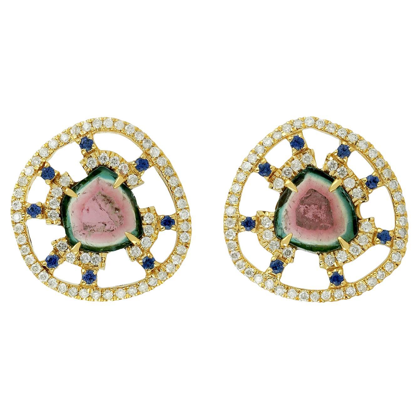 Stud Earring with Center Stone Water Melon Tourmaline with Sapphire & Diamonds