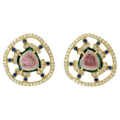 Stud Earring with Center Stone Water Melon Tourmaline with Sapphire & Diamonds