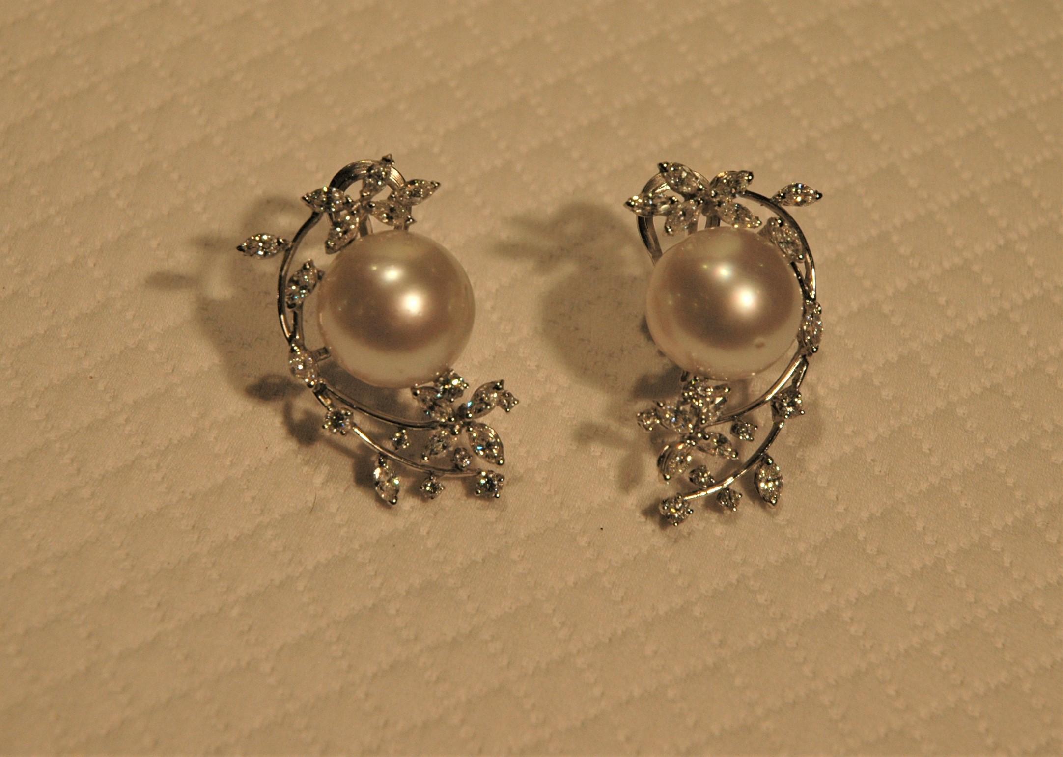 Marquise Cut Stud Earrings 18 Kt White Gold, 2.89 Carats Diamonds and White Australian Pearls For Sale