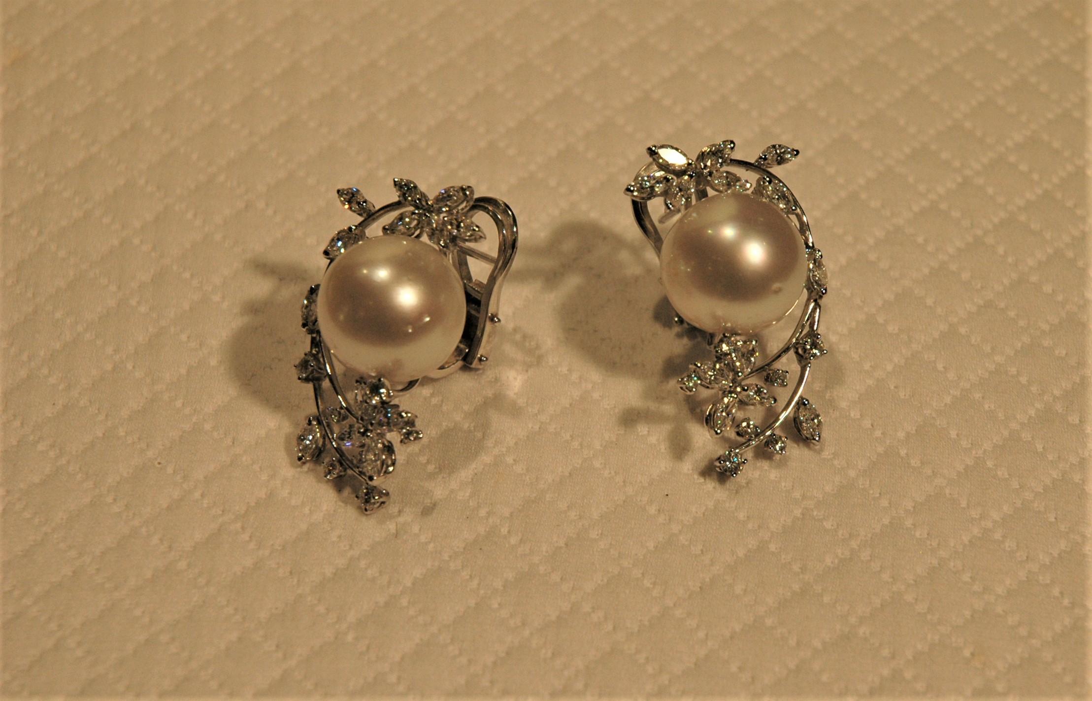 Women's Stud Earrings 18 Kt White Gold, 2.89 Carats Diamonds and White Australian Pearls For Sale