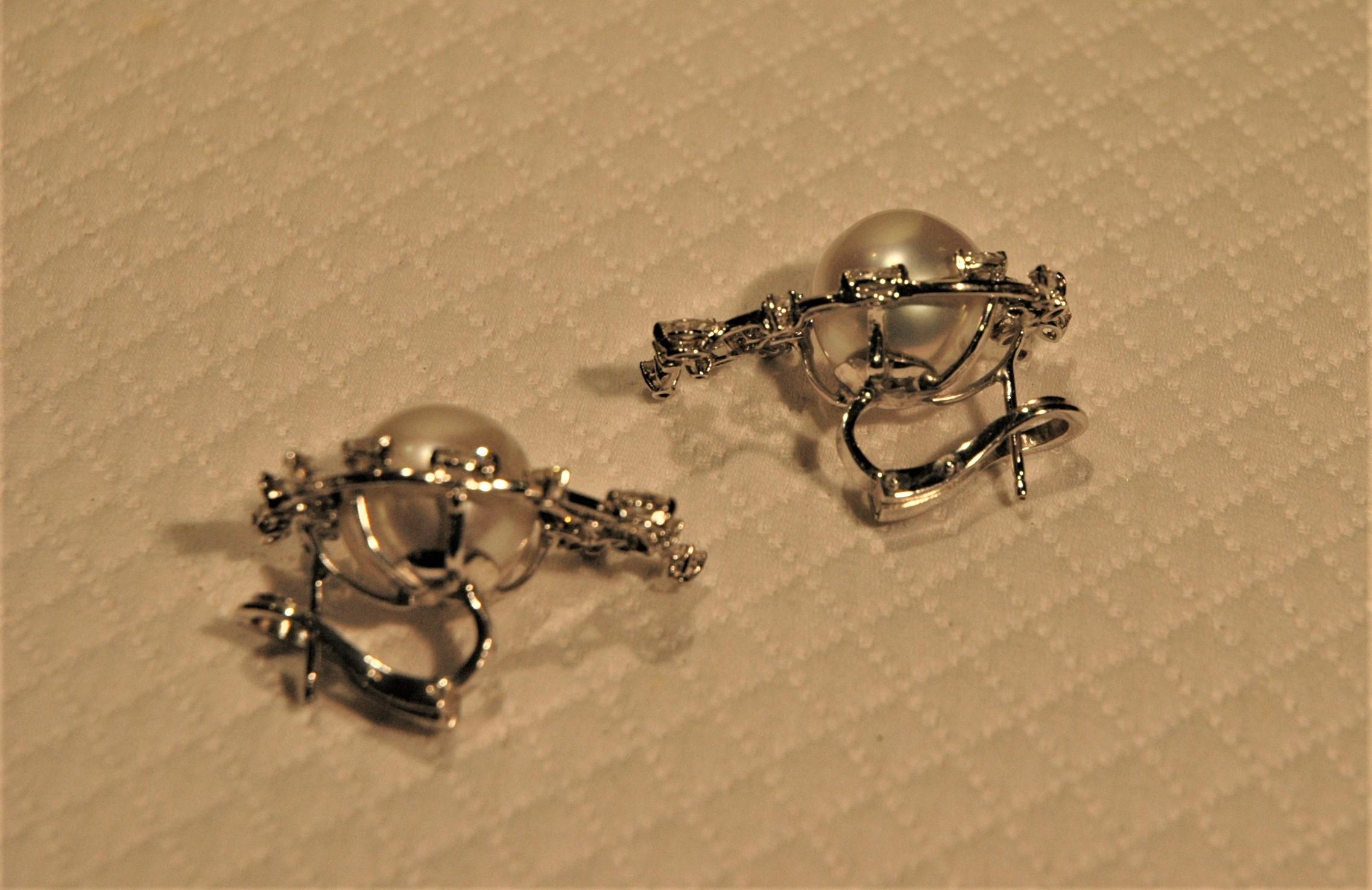 Stud Earrings 18 Kt White Gold, 2.89 Carats Diamonds and White Australian Pearls For Sale 2