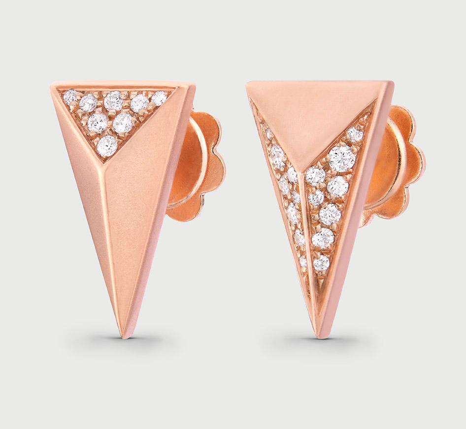 Stud Earrings Crafted in 18K Rose Gold & White Diamonds 0.10ct. 18K Matt Rose Gold 6.6 gr.

Hand crafted and made in Italy. Gemstones are natural and not treated. 

Design is inspired by sacred geometry - the triangle. 
Triangles are a powerful