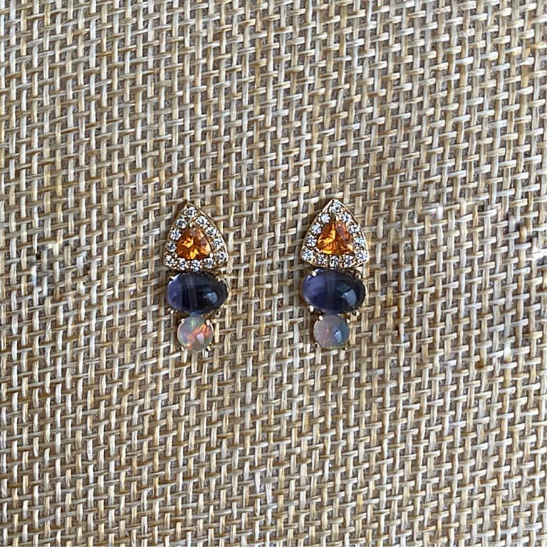 Contemporary Stud Earrings in 14 Karat Gold, Diamonds, Spessartite, Tanzanite and Opal For Sale
