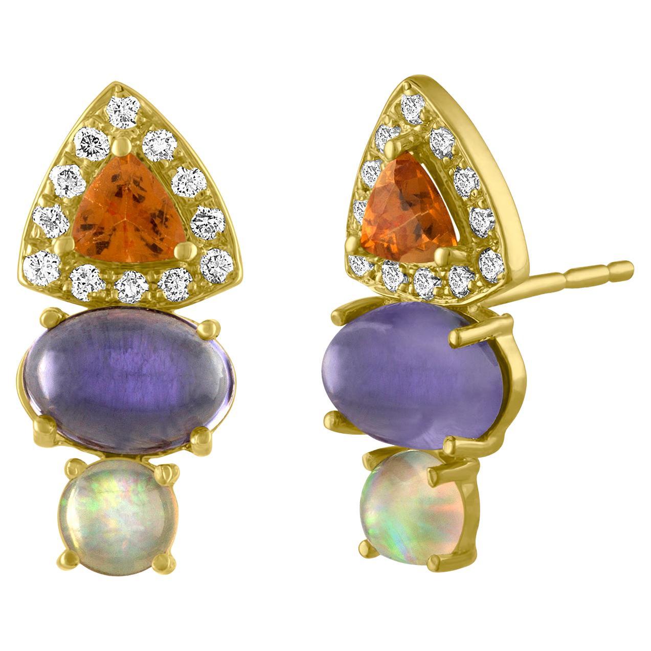Stud Earrings in 14 Karat Gold, Diamonds, Spessartite, Tanzanite and Opal For Sale