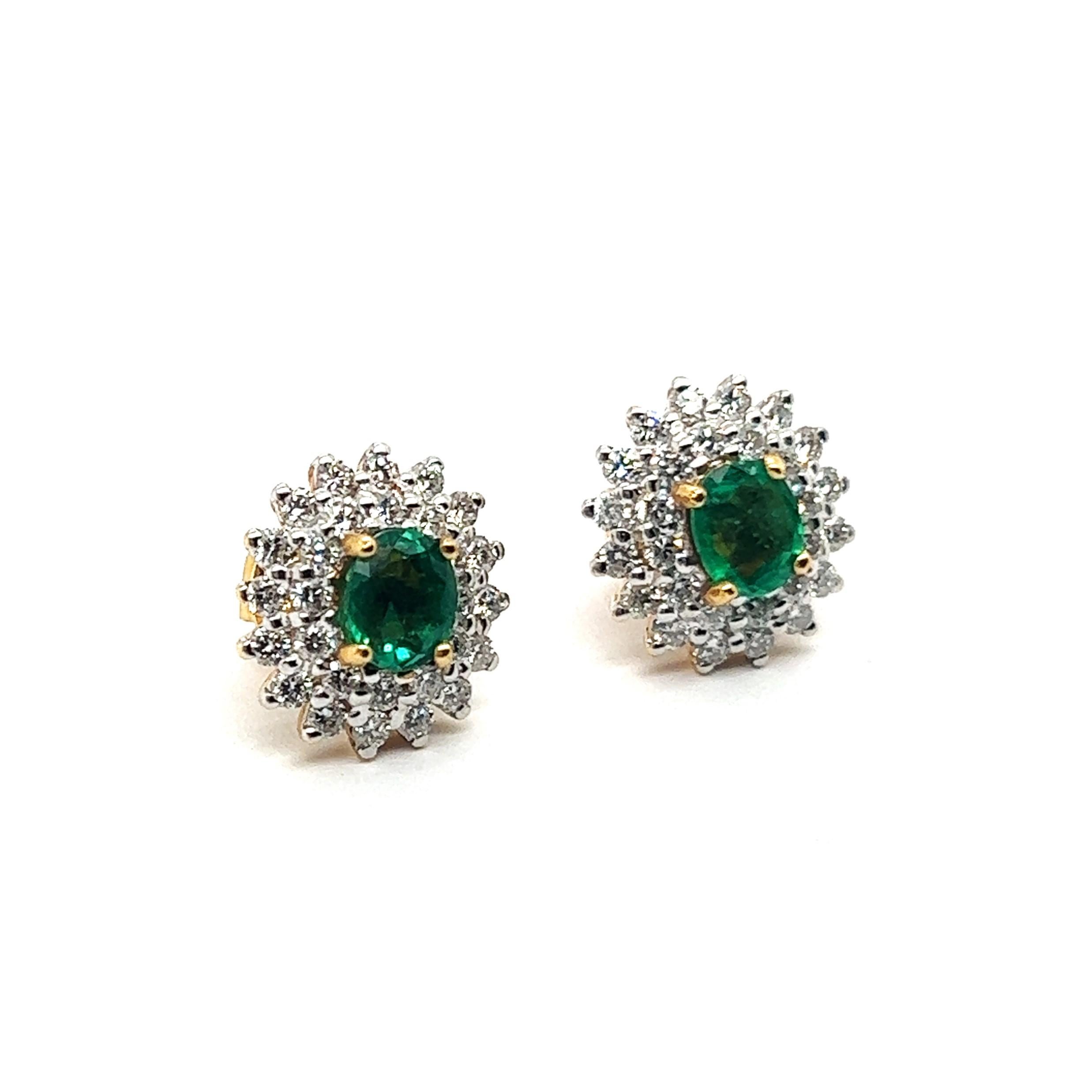 Stud Earrings with Emeralds & Diamonds in 18 Karat Yellow Gold For Sale 6