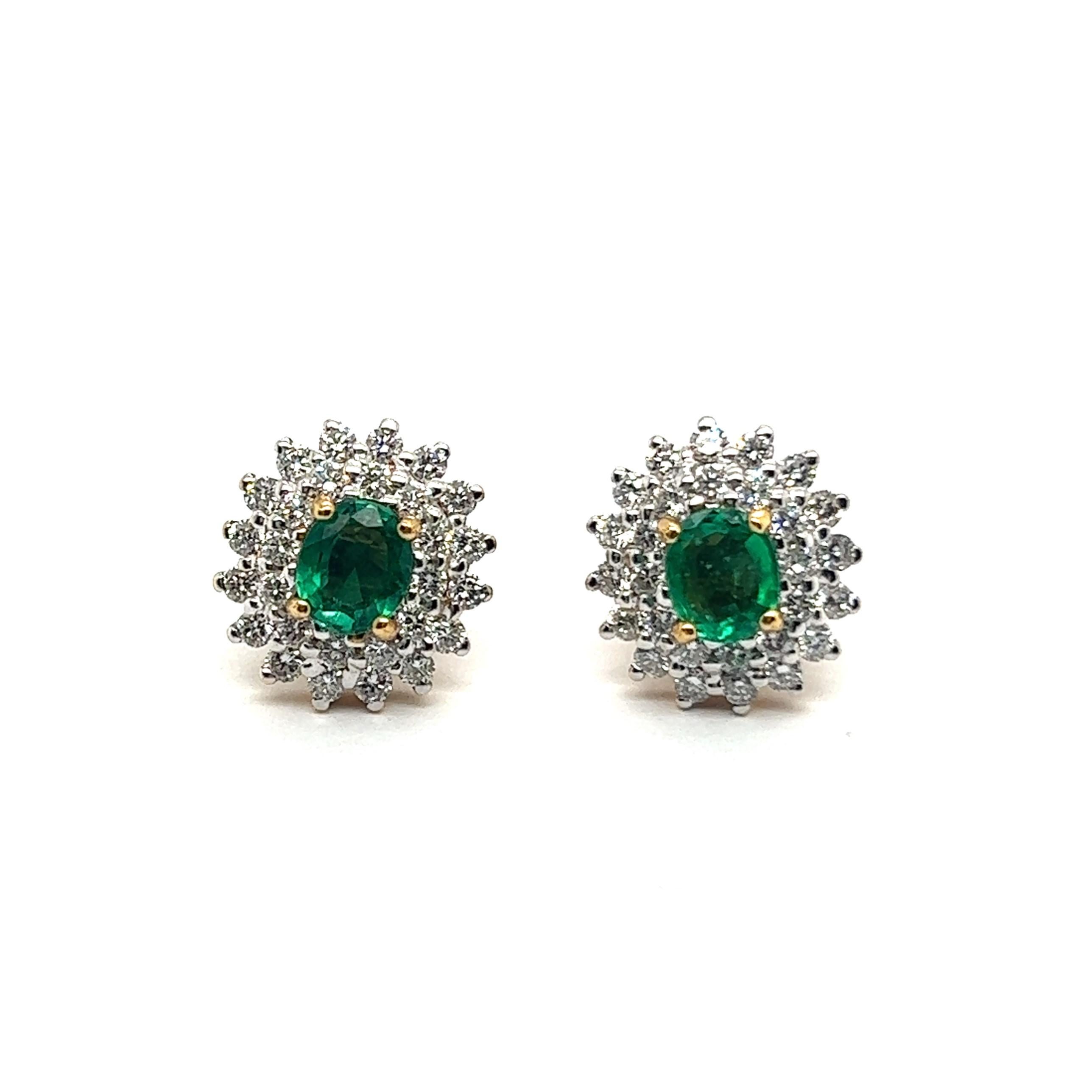 Modern Stud Earrings with Emeralds & Diamonds in 18 Karat Yellow Gold For Sale
