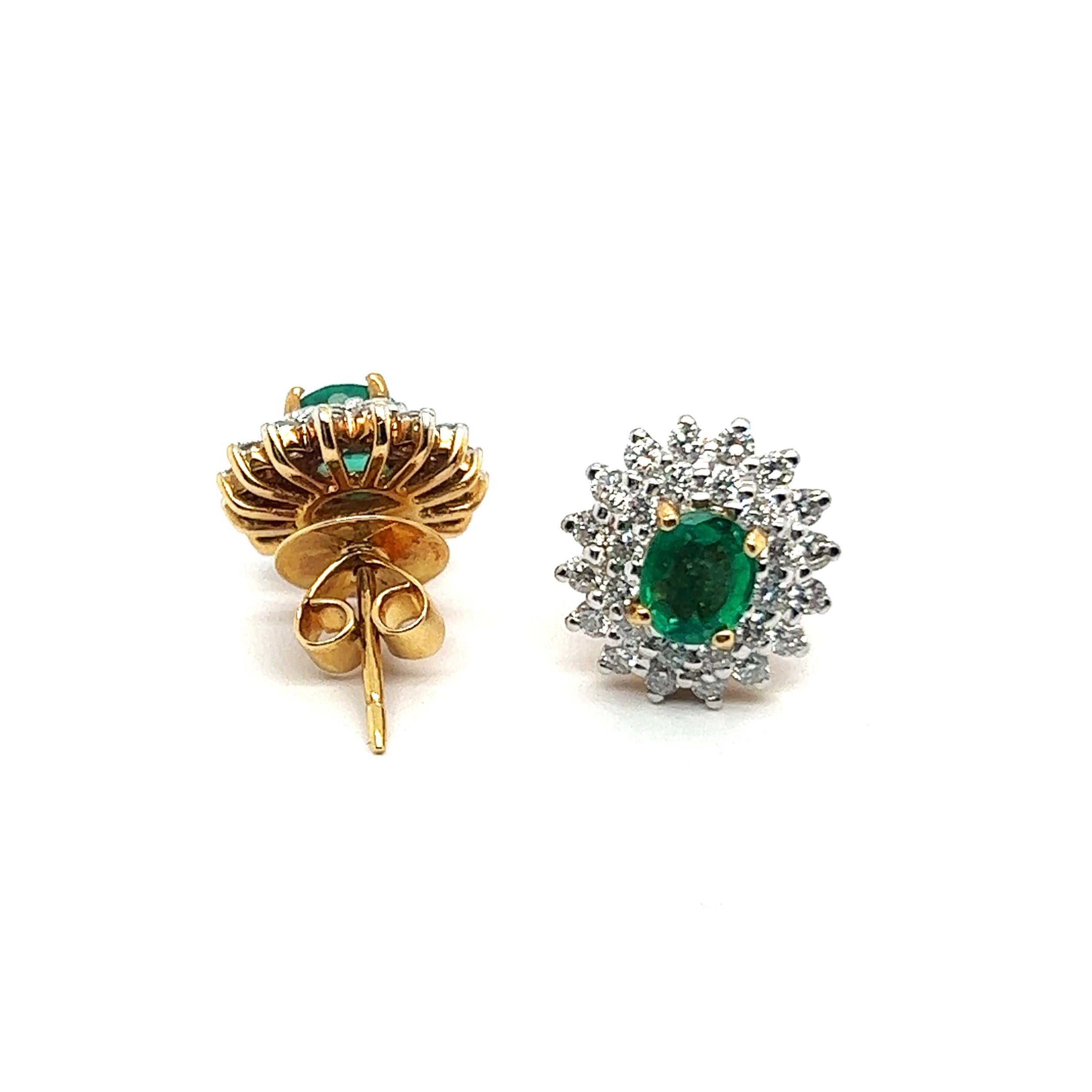 Oval Cut Stud Earrings with Emeralds & Diamonds in 18 Karat Yellow Gold For Sale