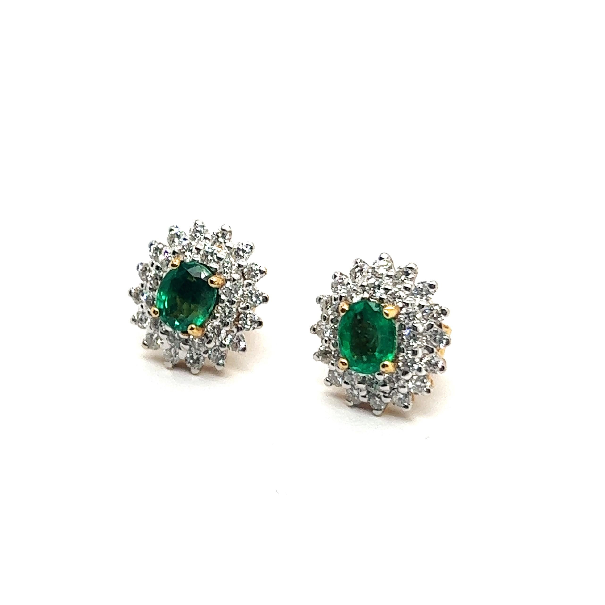 Stud Earrings with Emeralds & Diamonds in 18 Karat Yellow Gold For Sale 3