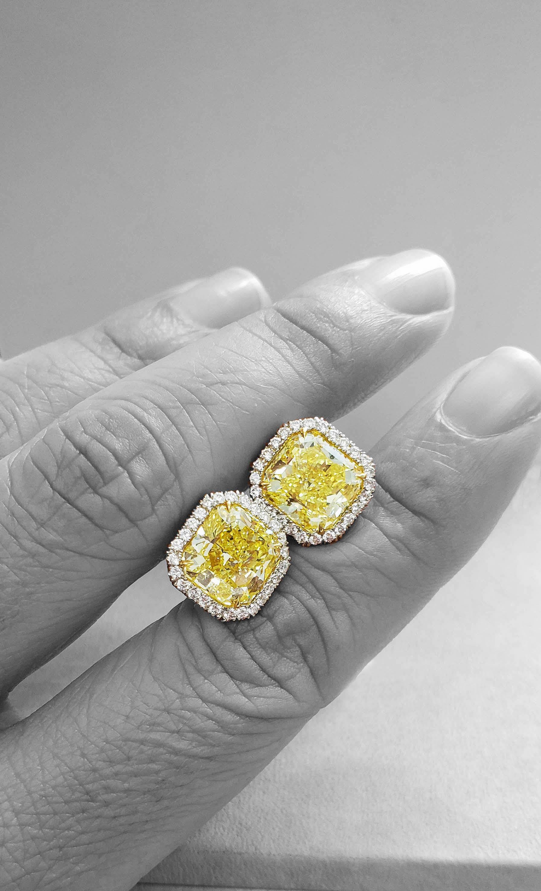 Contemporary GIA Fancy Intense Yellow 4+ Ct Radiant-Cut Diamond Stud Earrings Scarselli VS2  For Sale