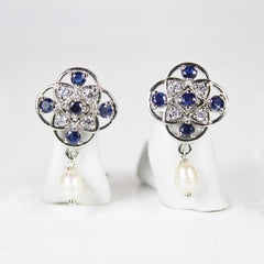 Stud Earrings with Natural Blue Sapphires & Rice Pearls