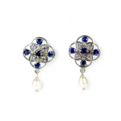 Stud Earrings with Natural Blue Sapphires & Rice Pearls