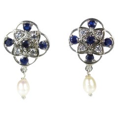 Stud Earrings with Natural Blue Sapphires & Rice Pearls